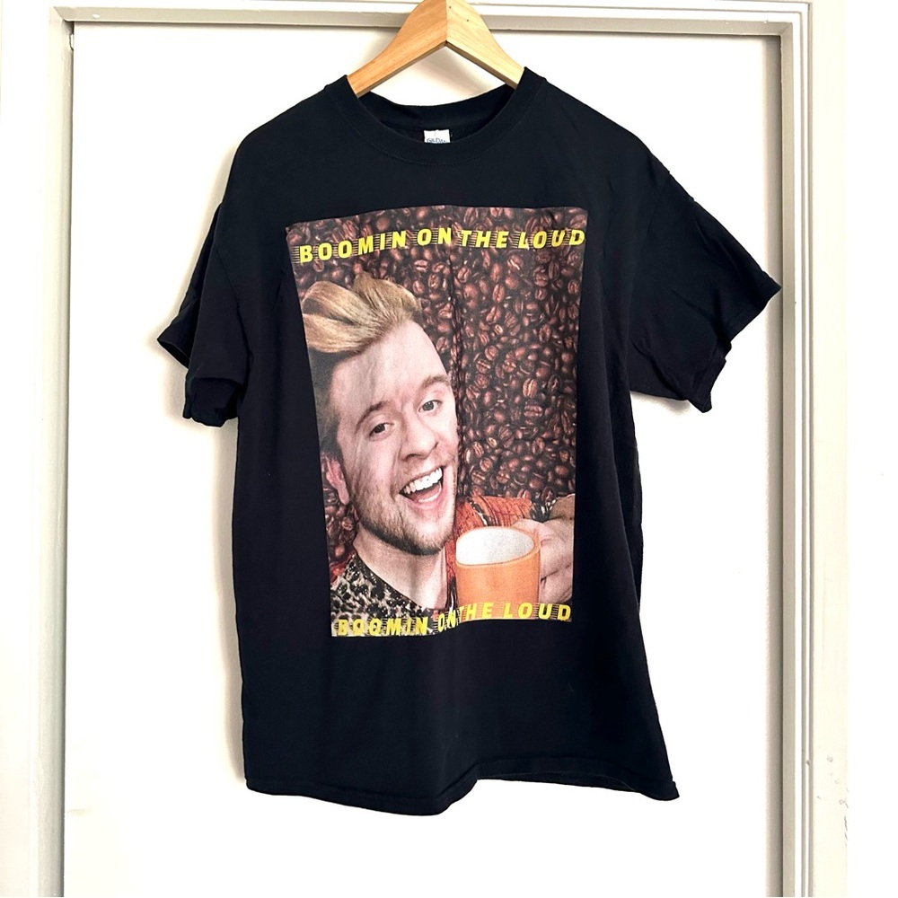 Boomin Coffee Graphic Tee — Black Shirt with Quirky Coffee Guy Design